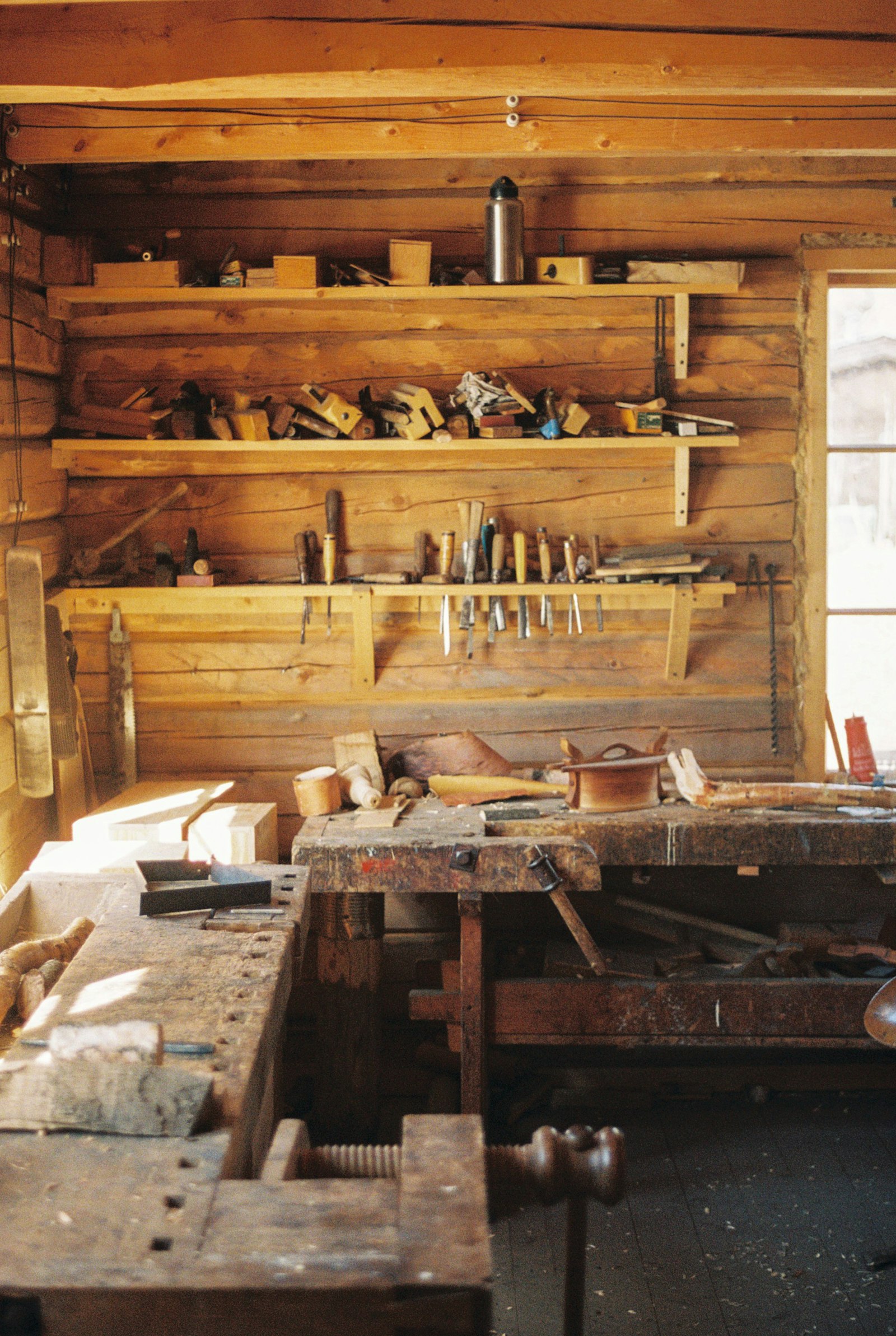 A workbench with carpentry tools