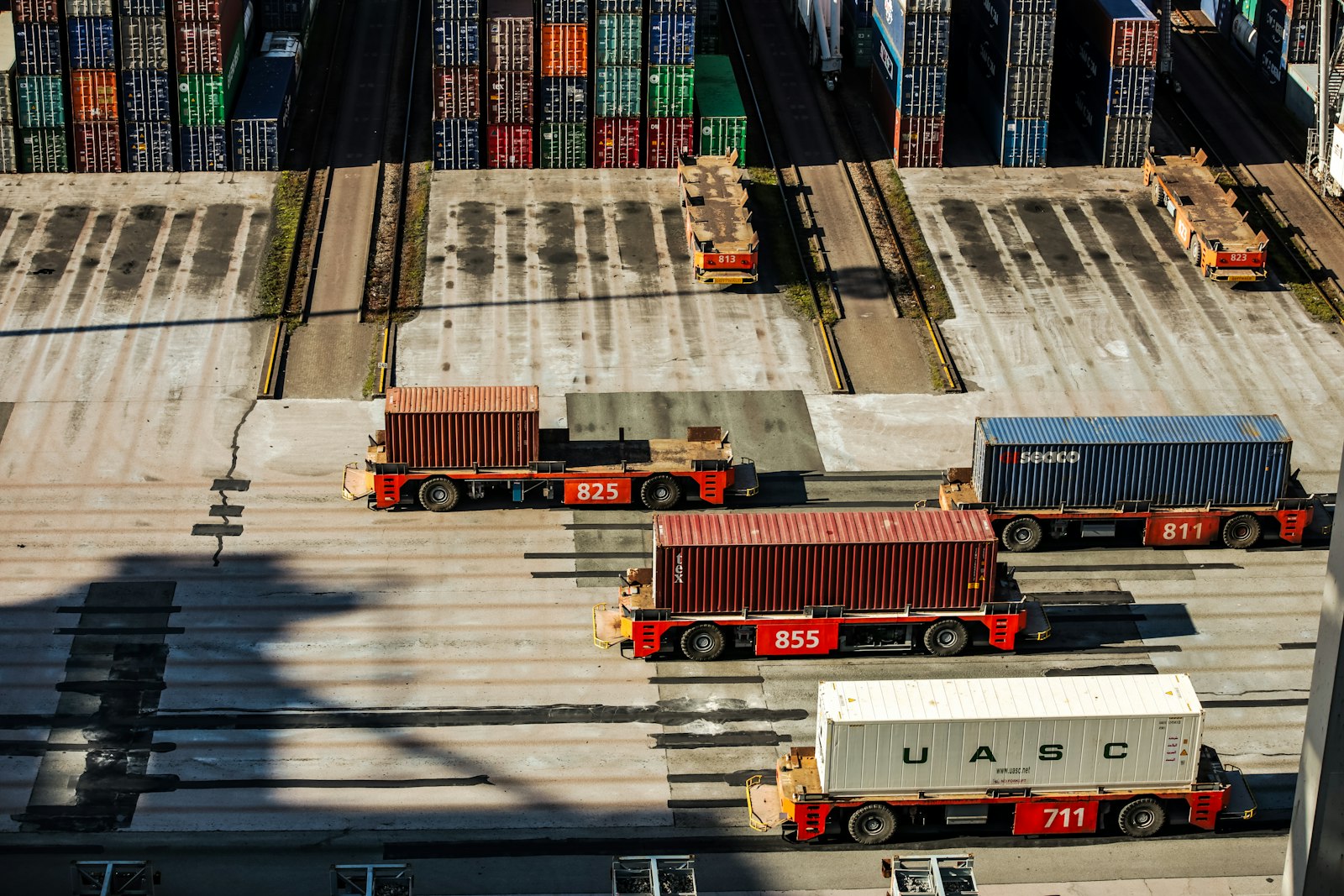 A row of parked freight trucks