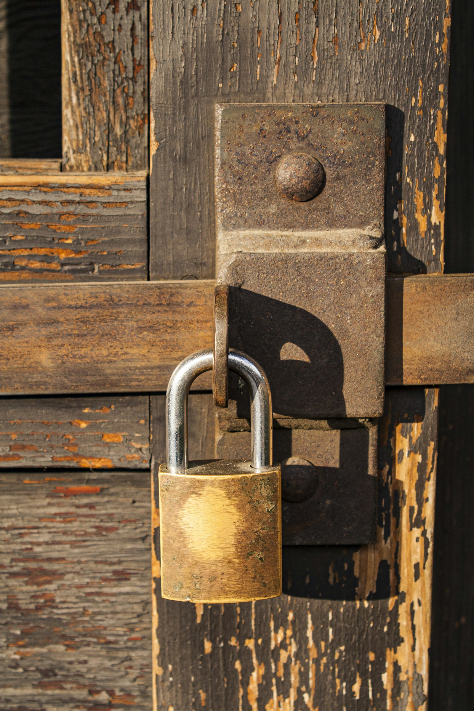 A padlock on a wooden door