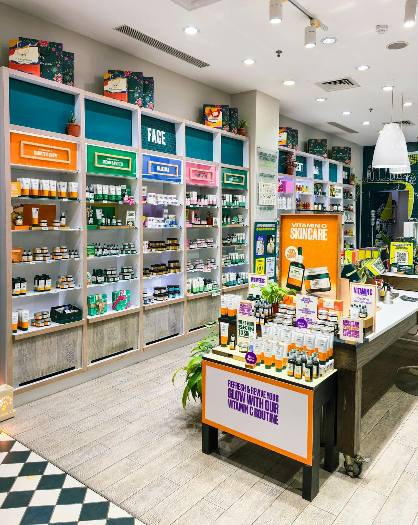 Hair and beauty products on a salon shelf